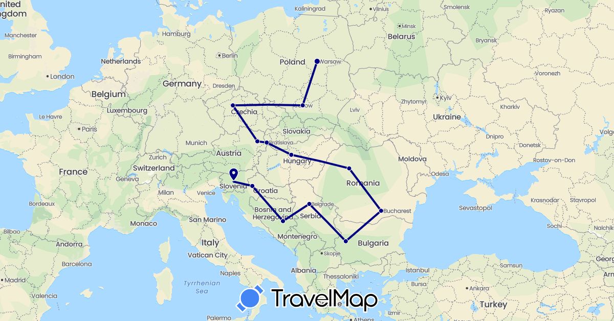 TravelMap itinerary: driving in Austria, Bosnia and Herzegovina, Bulgaria, Czech Republic, Croatia, Hungary, Poland, Romania, Serbia, Slovenia, Slovakia (Europe)